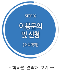 STEP 02 이용문의 및 신청(소속학과) ㆍ학과별 연락처 보기→
